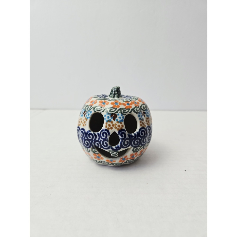 Polish pottery Pumpkin candle holder tealight Jack O Lantern Andy Unikat